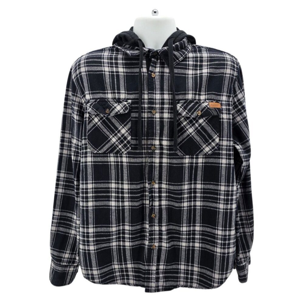 CloudVeil Mens XL Shirt Hooded Flannel Shirt Jacket Plaid Black White Buttons